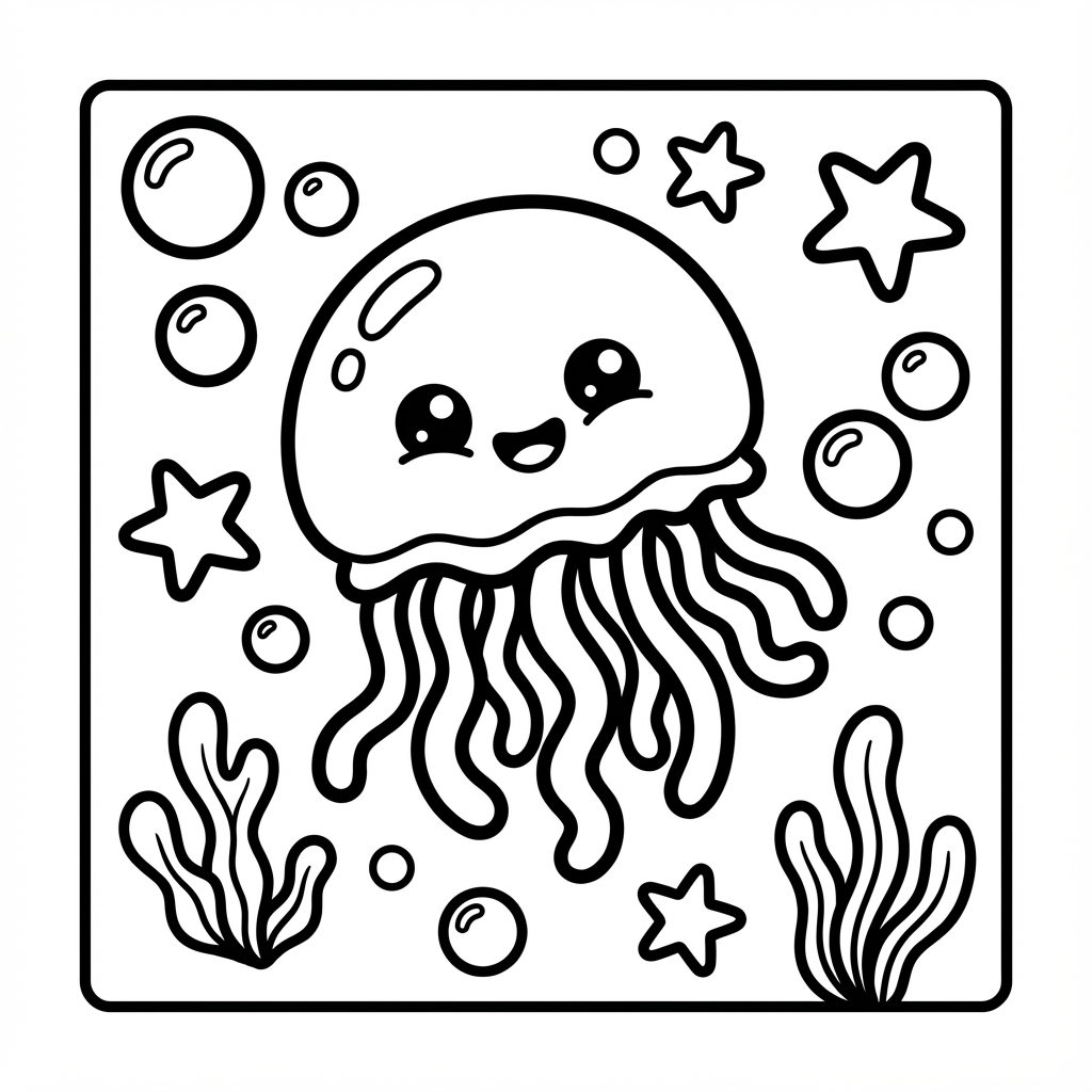A cute jellyfish with big eyes surrounded by bubbles and seaweed, perfect for bold line coloring pages and easy coloring pages for toddlers with thick lines.